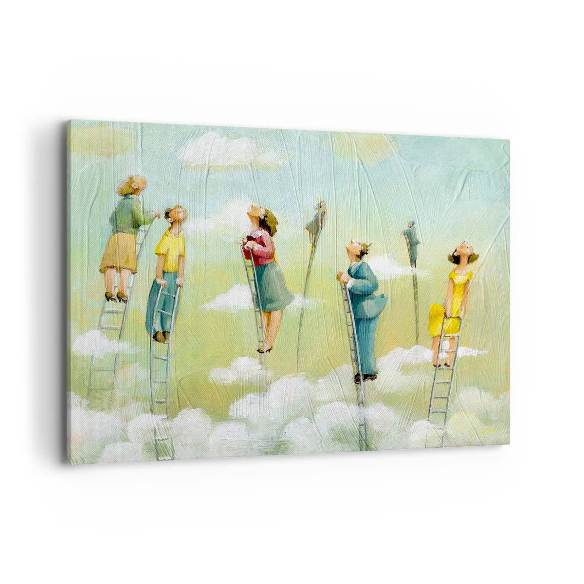 Bild auf Leinwand - Leinwandbild - Figuren, die auf pastellfarbenem Hintergrund zwischen Wolken Leitern hochklettern. - 120x80cm - Hinter deinem Traum - Moderne Wanddekoration für Wohnzimmer und Schlafzimmer ARTTOR