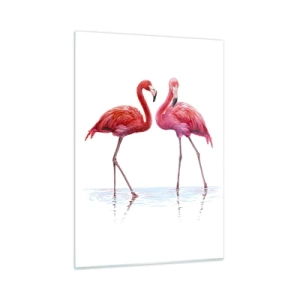 Glasbild - Bild auf glas - Zwei rosa Flamingos stehen im Wasser - 50x70cm - Rosa randez-vous - Moderne Wanddekoration für Wohnzimmer und Schlafzimmer ARTTOR