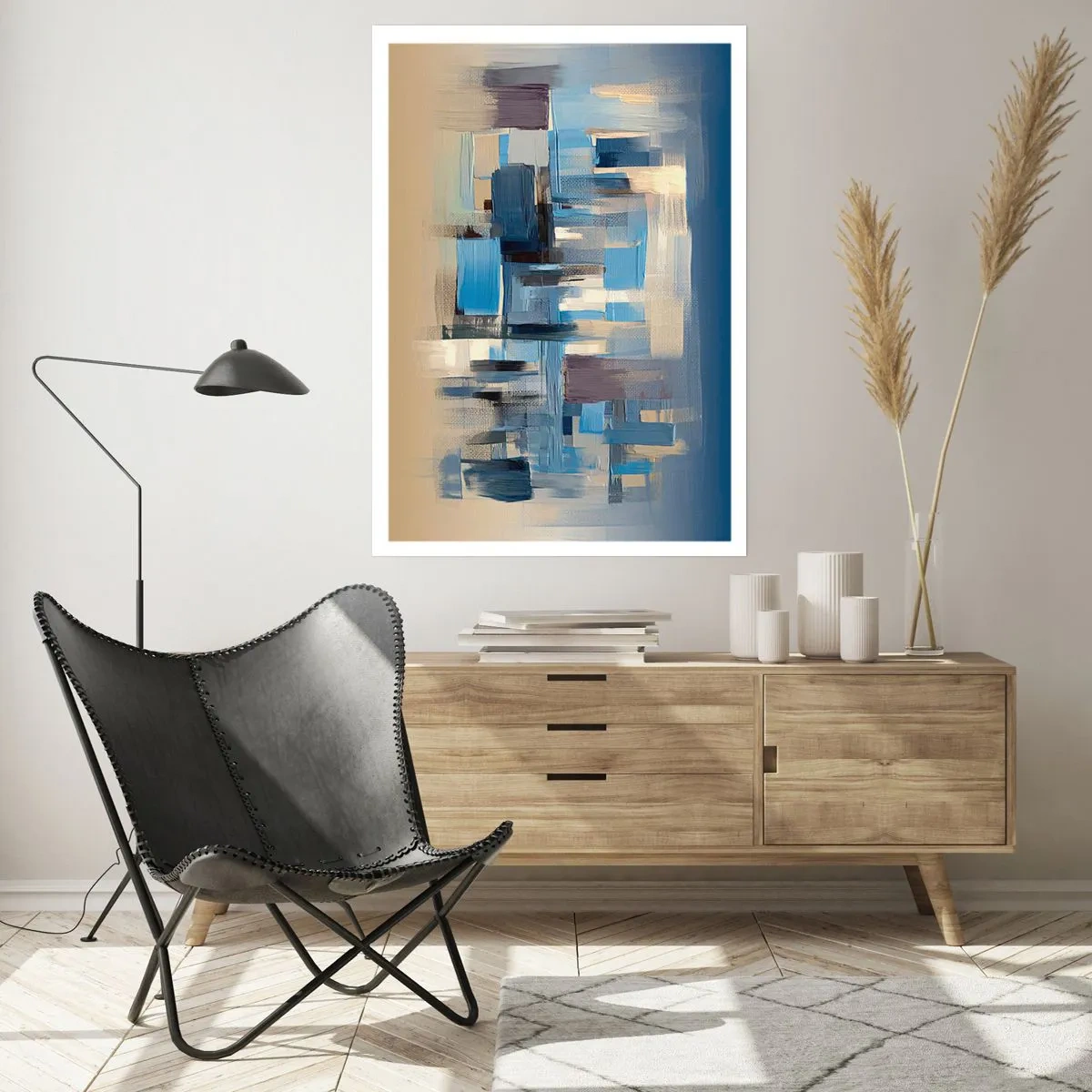 Poster - Abstrakte geometrische Komposition in Blautönen - 50x70cm - Blaue Konstruktion - Moderne Wanddekoration für Wohnzimmer und Schlafzimmer ARTTOR