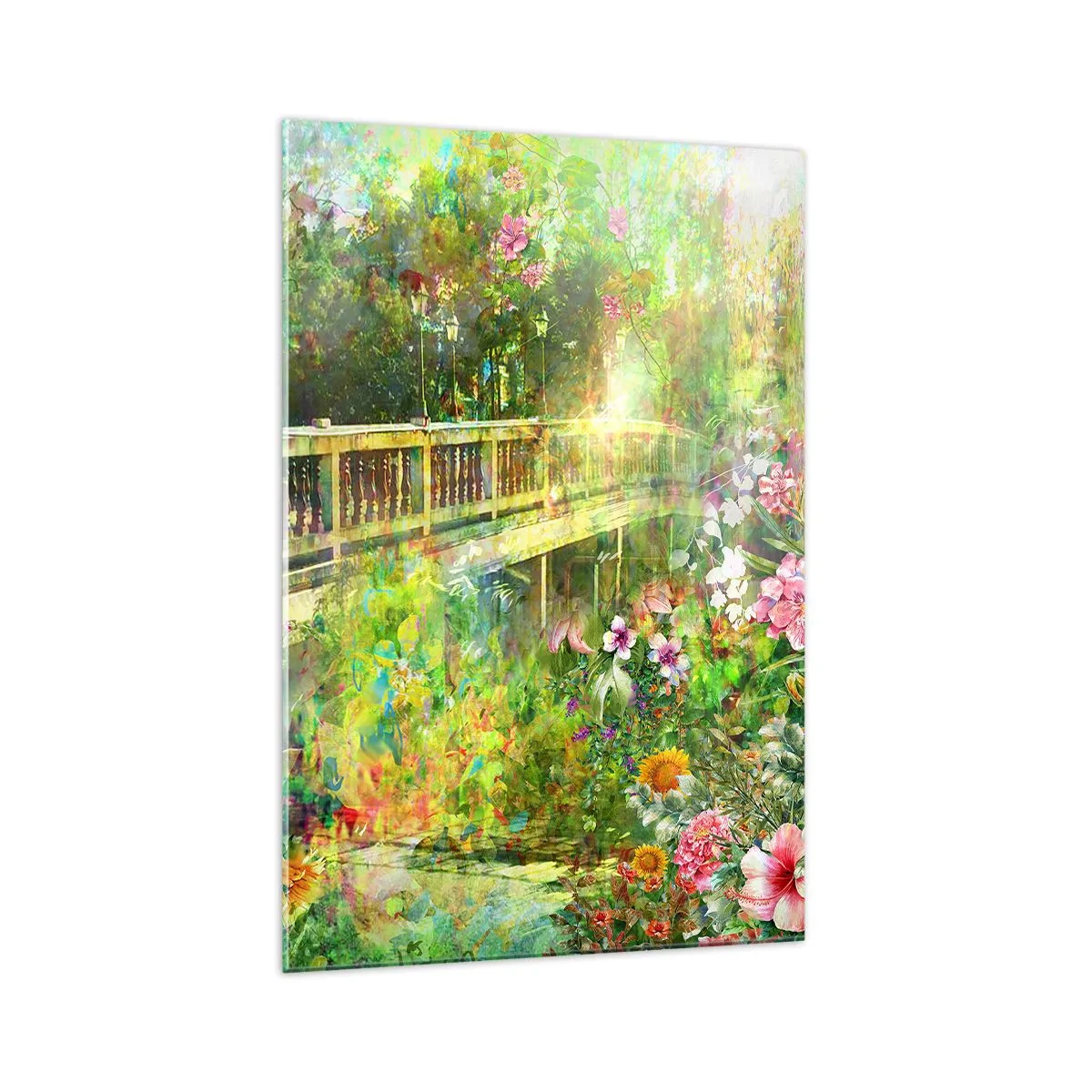Glasbild - Bild auf glas - Eine Brücke umgeben von üppiger Vegetation und Blumen - 70x100cm - Eine Brücke aus Frühlingsseufzern - Moderne Wanddekoration für Wohnzimmer und Schlafzimmer ARTTOR