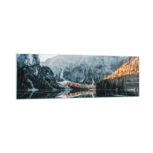 Glasbild - Bild auf glas - Eine Berglandschaft spiegelt sich in der ruhigen Oberfläche eines Sees - 160x50cm - Spiegellandschaft - Moderne Wanddekoration für Wohnzimmer und Schlafzimmer ARTTOR