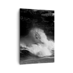 Bild auf Leinwand - Leinwandbild - Ein Surfer, der eine Welle reitet, in Monochrom - 70x100cm - Herausforderung angenommen! - Moderne Wanddekoration für Wohnzimmer und Schlafzimmer ARTTOR