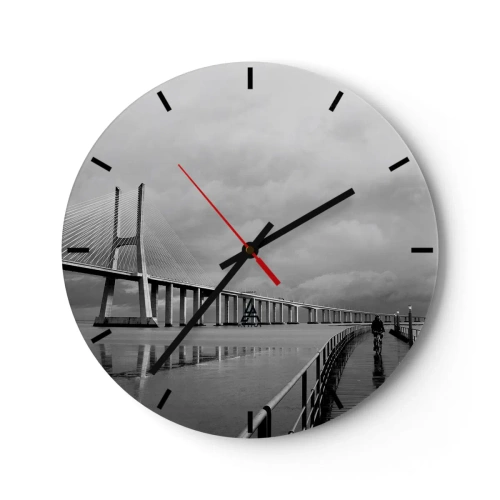 Wanduhr - Glasuhr - Eine Brücke mit einem Radfahrer auf dem Weg an einem regnerischen Tag - 30x30cm - Jedem das Verdiente - Moderne Wanddekoration für Wohnzimmer, Küche und Schlafzimmer ARTTOR