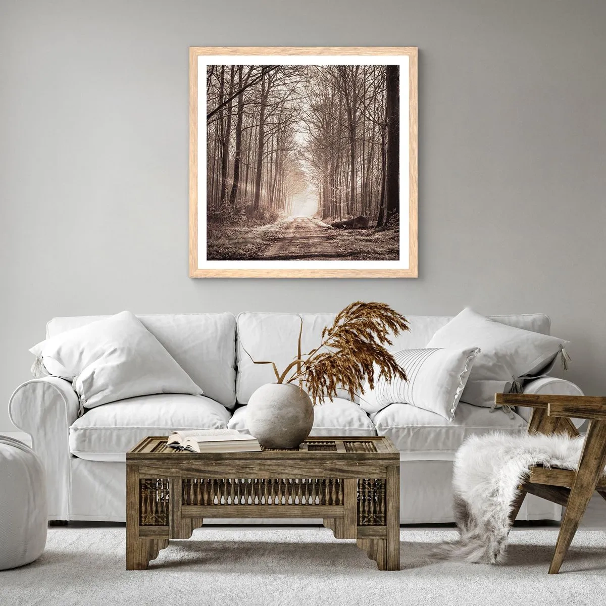Poster in einem Rahmen aus heller Eiche - Waldkathedrale - 40x40 cm