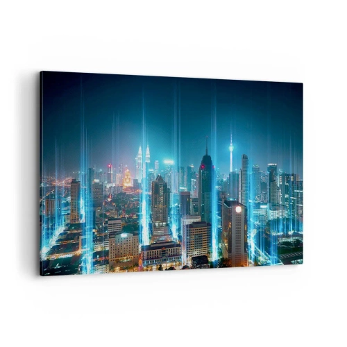 Bild auf Leinwand - Leinwandbild - Eine moderne Stadt bei Nacht mit futuristischen Lichtakzenten. - 120x80cm - Auf Berliner Art gegen den Himmel - Moderne Wanddekoration für Wohnzimmer und Schlafzimmer ARTTOR