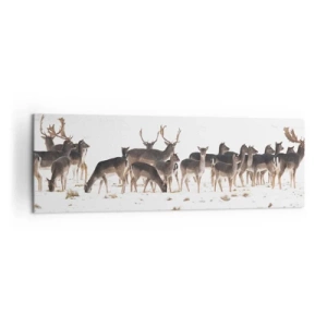 Bild auf Leinwand - Leinwandbild - Eine Herde Hirsche vor einem verschneiten Hintergrund - 160x50cm - Kommen die Weihnachten? - Moderne Wanddekoration für Wohnzimmer und Schlafzimmer ARTTOR