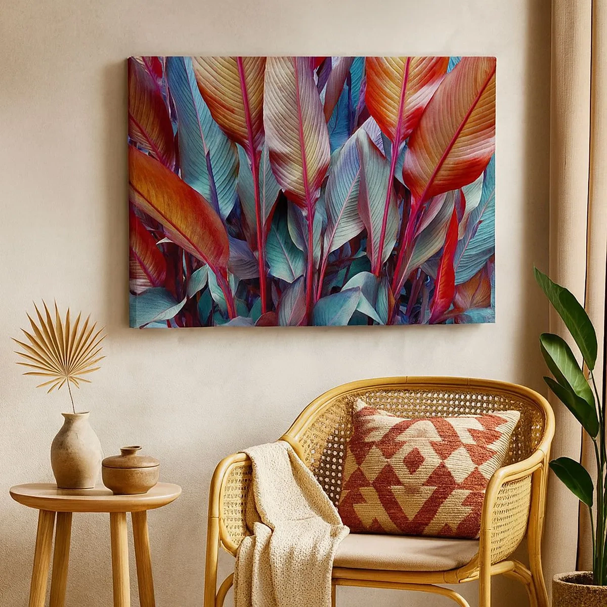 Bild auf Leinwand - Leinwandbild - Bunte Blätter tropischer Pflanzen im Dickicht - 70x50cm - Buntes Dickicht - Moderne Wanddekoration für Wohnzimmer und Schlafzimmer ARTTOR