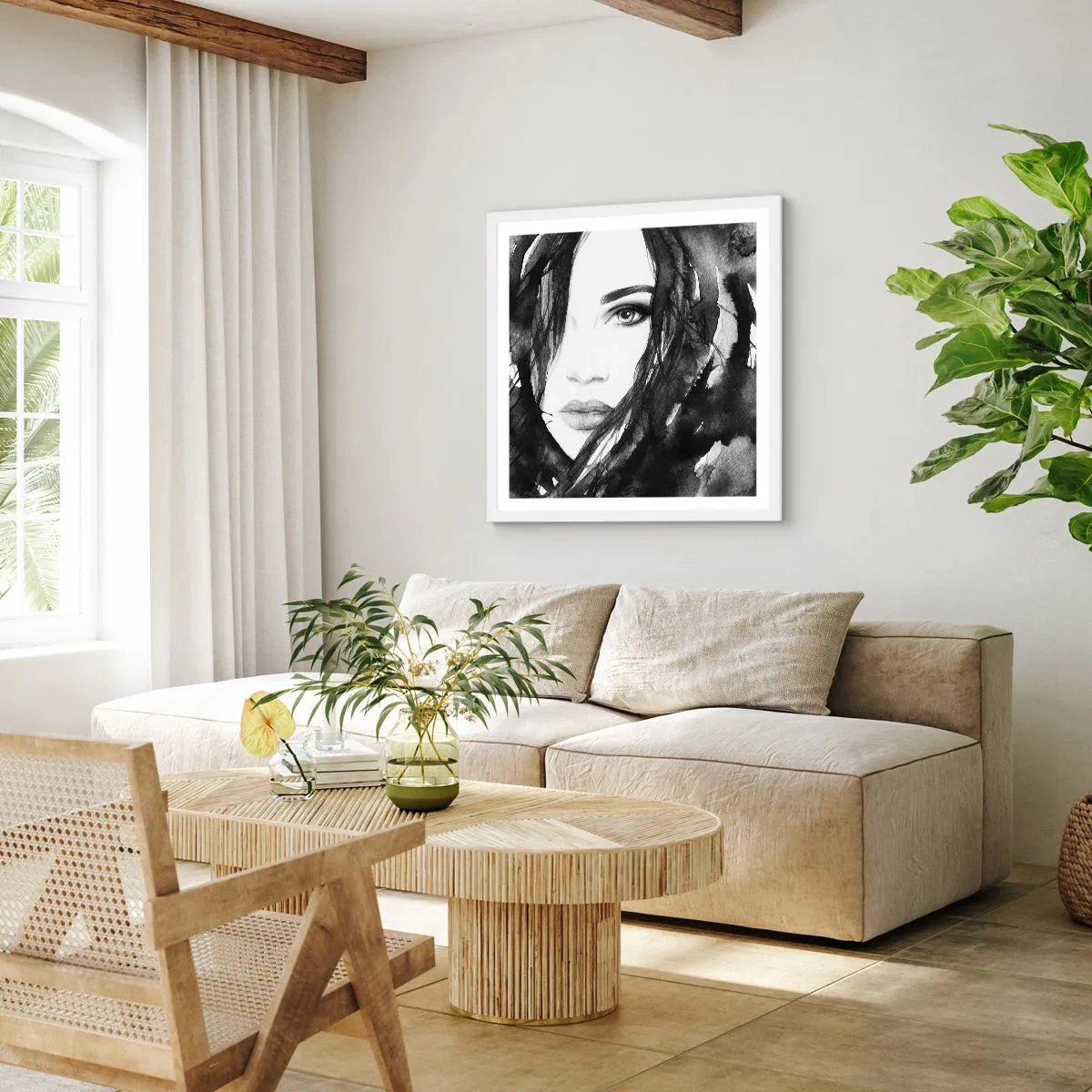 Poster in einem weißen Rahmen - Porträt einer Dame in Schwarzweiß - 50x50 cm