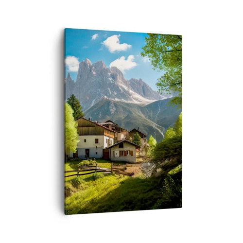 Bild auf Leinwand - Leinwandbild - Ein Bergdorf mit Häusern und Blick auf die Alpen - 50x70cm - Alpenidylle - Moderne Wanddekoration für Wohnzimmer und Schlafzimmer ARTTOR