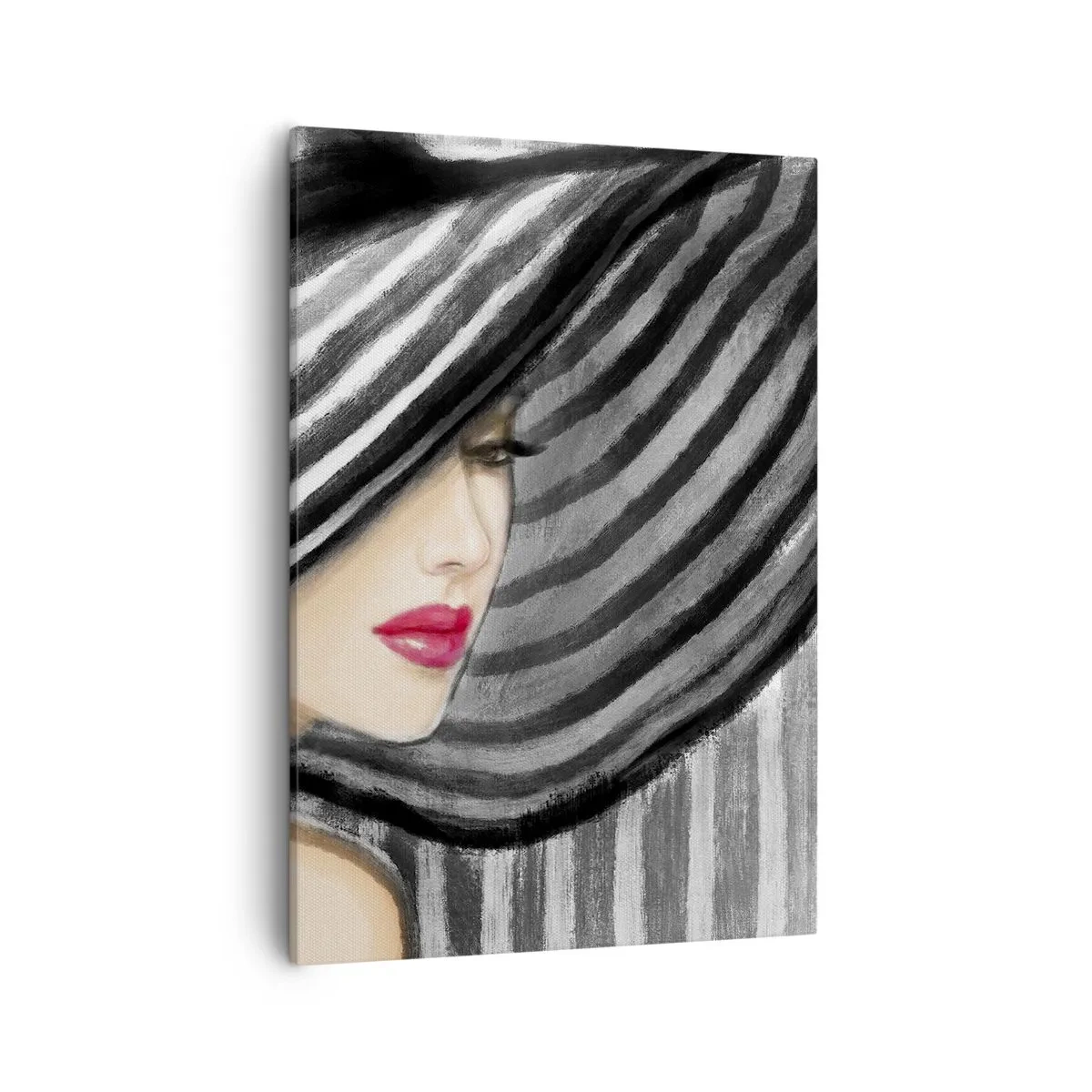 Bild auf Leinwand - Leinwandbild - Frau trägt einen schwarz-weißen Hut mit rotem Akzent - 50x70cm - Wo soll ich dich finden? - Moderne Wanddekoration für Wohnzimmer und Schlafzimmer ARTTOR