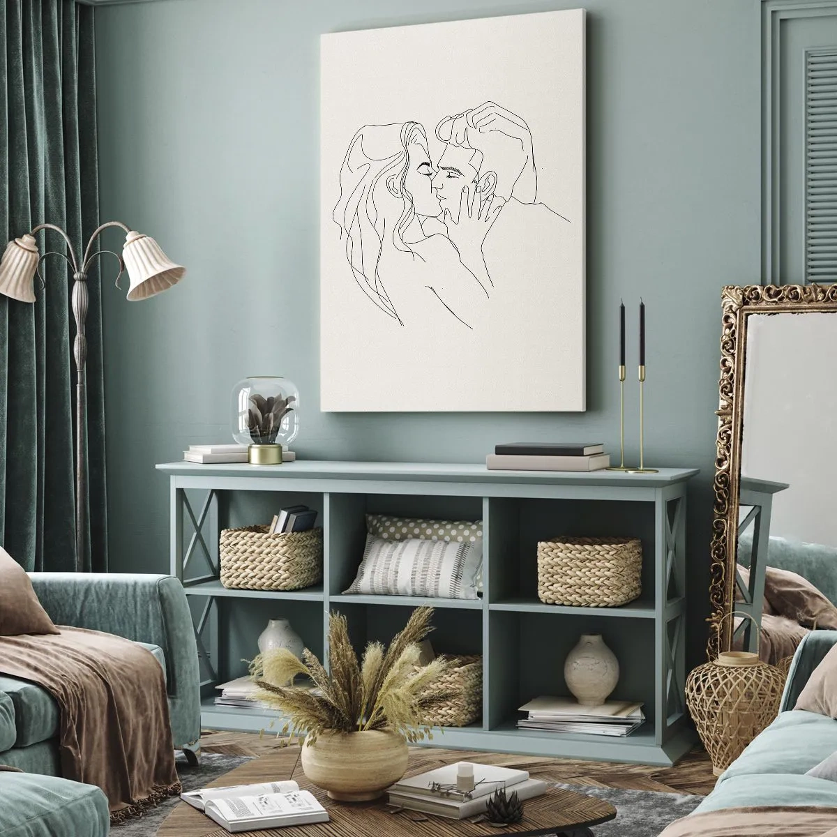 Bild auf Leinwand - Leinwandbild - Eine minimalistische Illustration eines Paares in einer liebevollen Umarmung - 70x100cm - Verstrickt im Gefühl - Moderne Wanddekoration für Wohnzimmer und Schlafzimmer ARTTOR