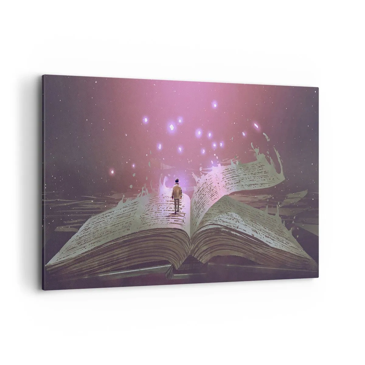 Bild auf Leinwand - Leinwandbild - Eine Figur tritt in einem magischen Licht auf ein offenes Buch. - 120x80cm - Einladung in eine andere Welt - lesen Sie! - Moderne Wanddekoration für Wohnzimmer und Schlafzimmer ARTTOR