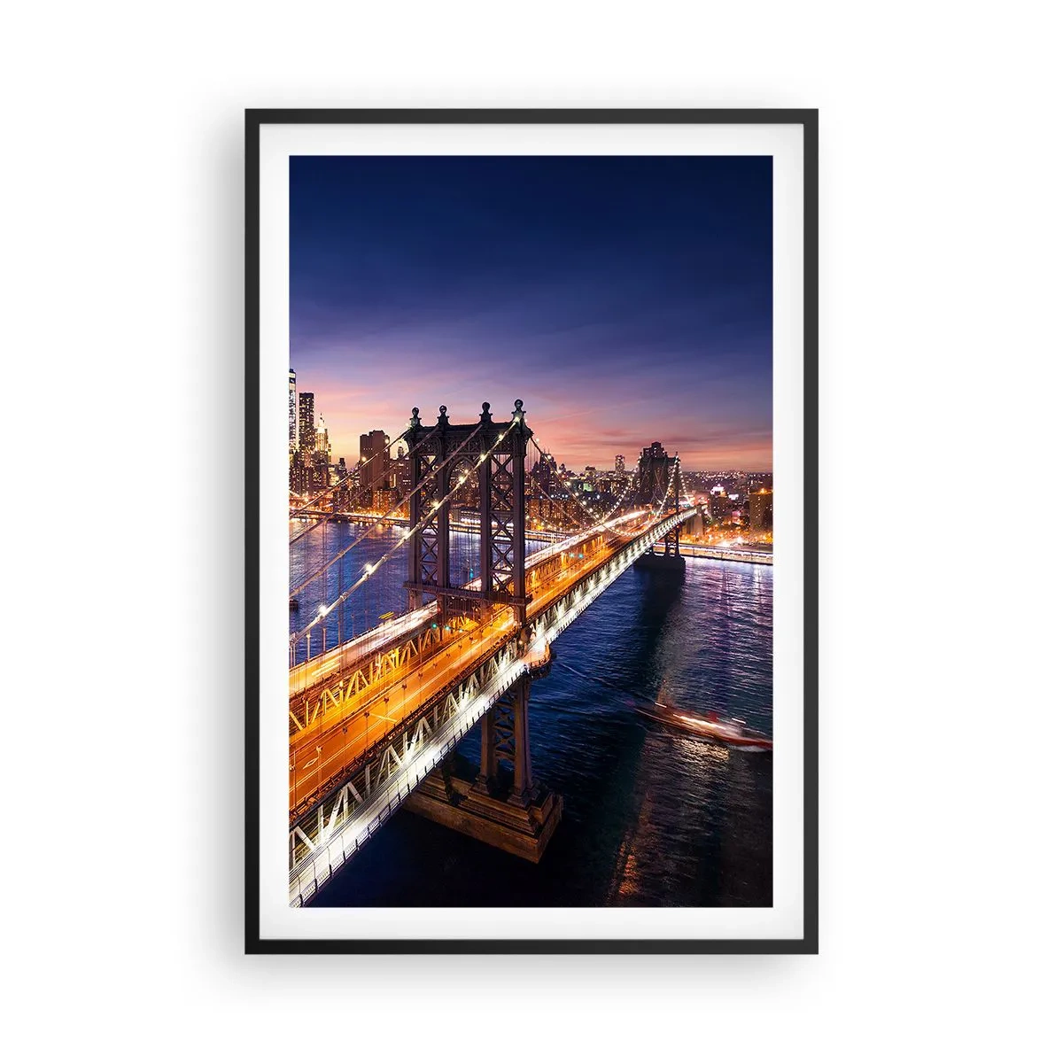 Poster in einem schwarzem Rahmen - Eine leuchtende Brücke zum Herzen der Stadt - 61x91 cm
