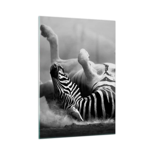 Glasbild - Bild auf glas - Ein liegendes Zebra in der afrikanischen Savanne - 50x70cm - Nicht nur das Pferd würde lachen - Moderne Wanddekoration für Wohnzimmer und Schlafzimmer ARTTOR