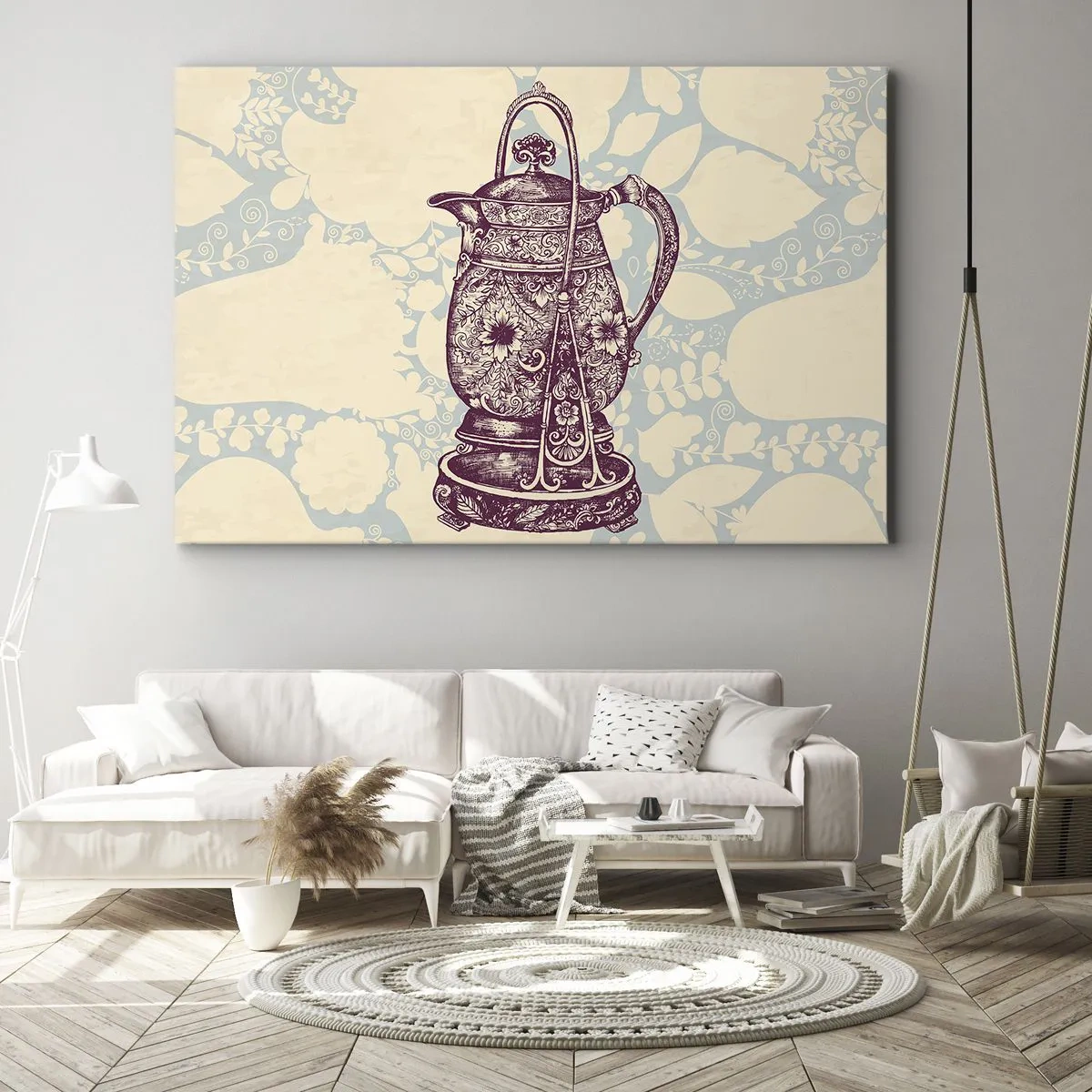 Bild auf Leinwand - Leinwandbild - Stilisierter Krug mit Ornamenten auf floralem Hintergrund - 70x50cm - Schönheit des Alltags - Moderne Wanddekoration für Wohnzimmer und Schlafzimmer ARTTOR