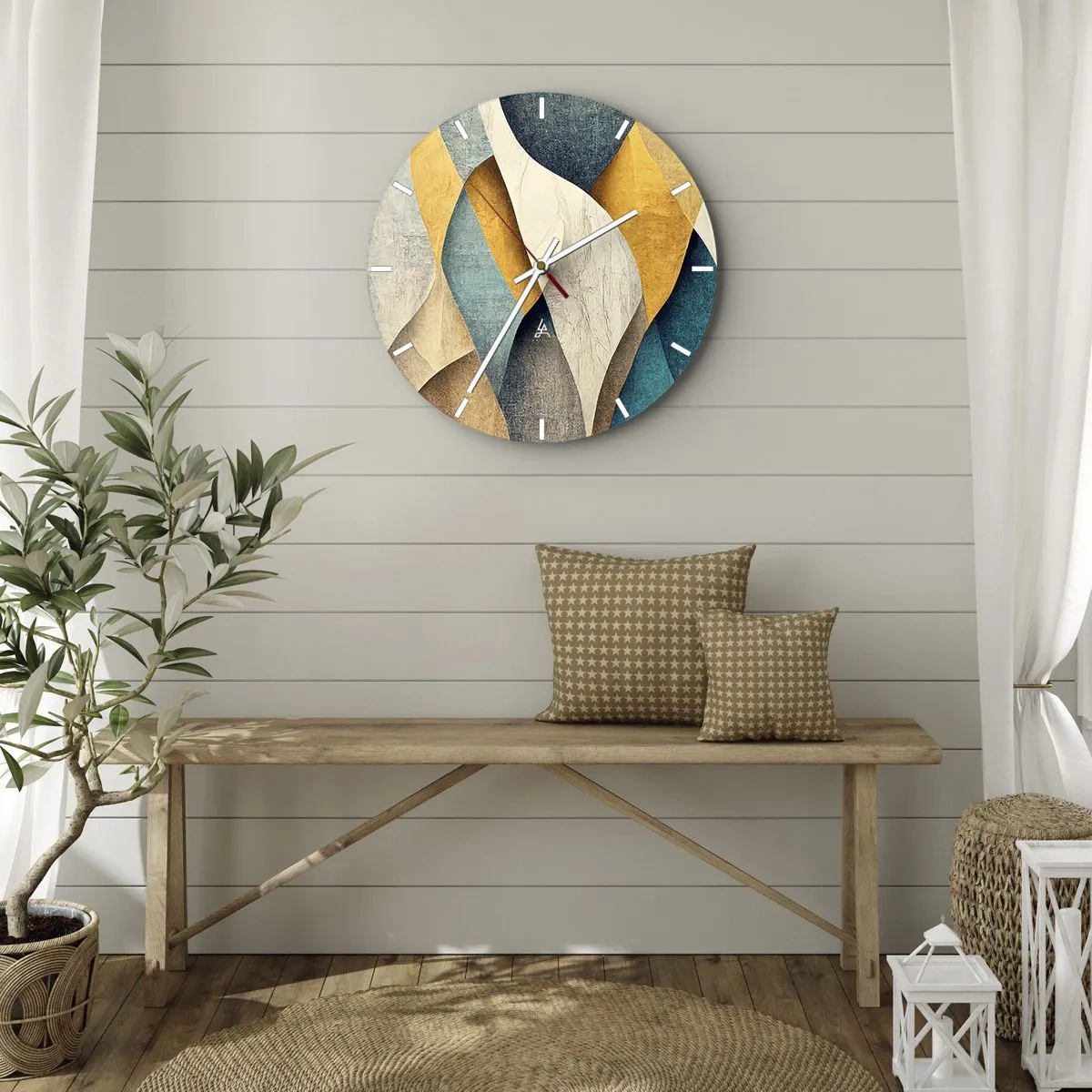 Wanduhr - Glasuhr - Geometrische Wellen in Gold, Marineblau, Türkis und Beige - 30x30cm - Rhythmus und Welle - Moderne Wanddekoration für Wohnzimmer, Küche und Schlafzimmer ARTTOR