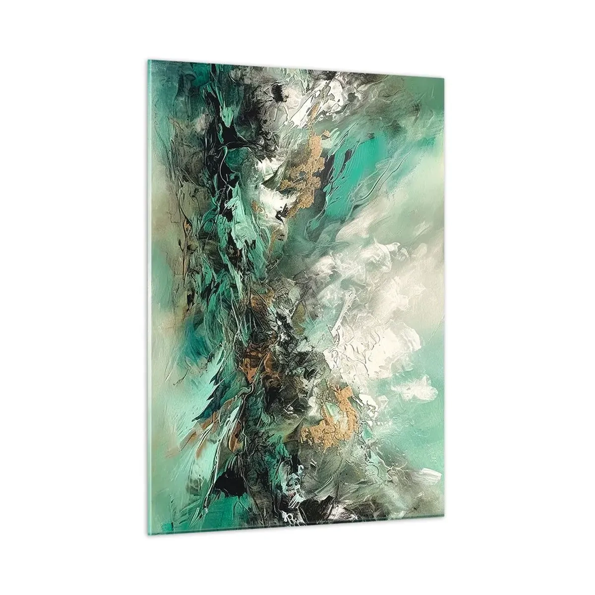 Glasbild - Bild auf glas - Eine abstrakte Komposition in Smaragd-, Schwarz- und Weißtönen. - 50x70cm - Smaragdgrüne und schwarze Brandung - Moderne Wanddekoration für Wohnzimmer und Schlafzimmer ARTTOR