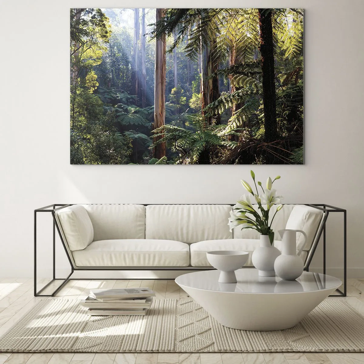 Glasbild - Bild auf glas - Grüner tropischer Wald mit Sonnenstrahlen - 70x50cm - Ein Waldmärchen - Moderne Wanddekoration für Wohnzimmer und Schlafzimmer ARTTOR