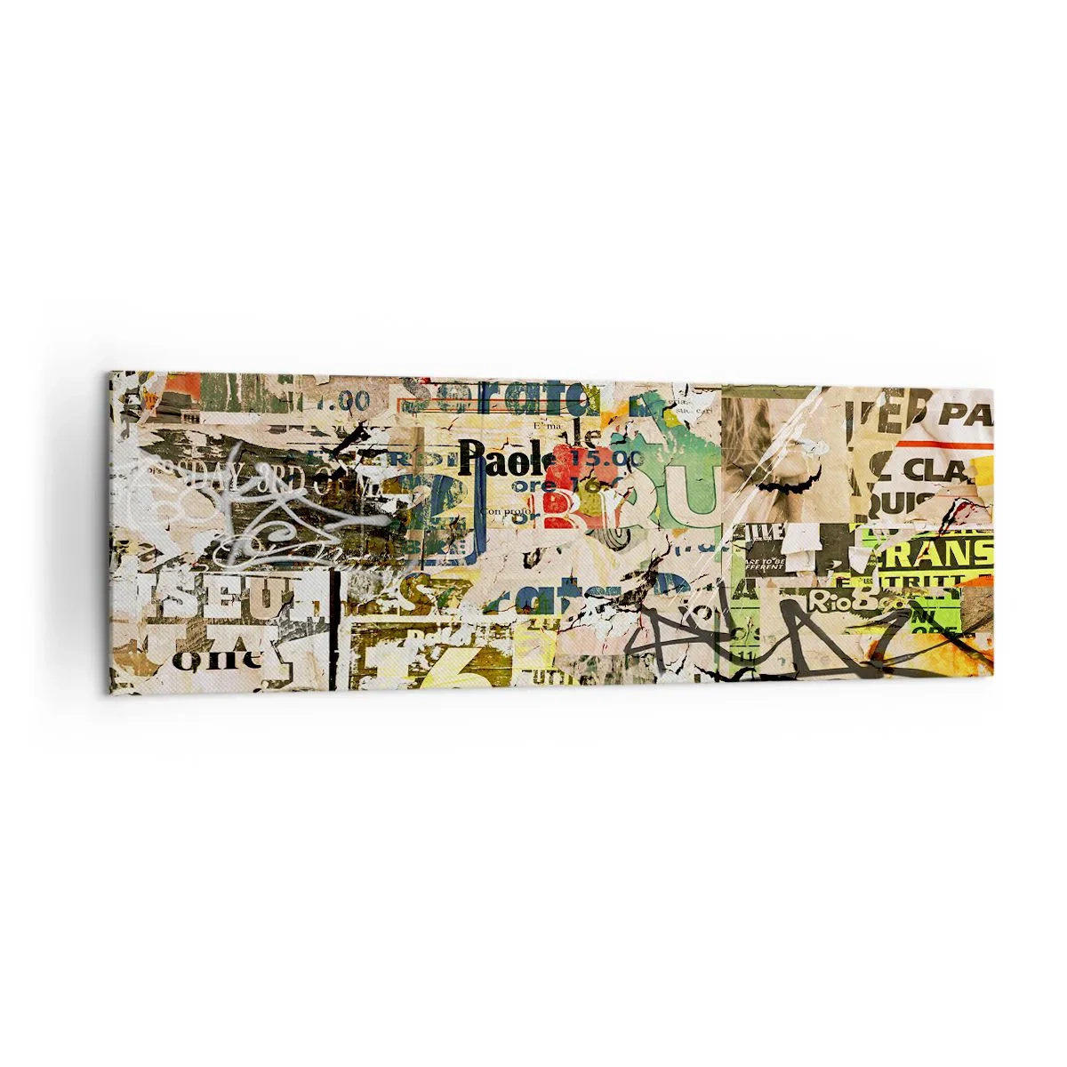 Bild auf Leinwand - Leinwandbild - Eine Collage aus Zeitungs- und Plakatfragmenten im künstlerischen Stil. - 160x50cm - Ach, es passiert... - Moderne Wanddekoration für Wohnzimmer und Schlafzimmer ARTTOR