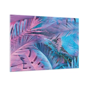 Glasbild - Bild auf glas - Tropische Blätter in Rosa- und Blautönen auf neonfarbenem Hintergrund - 100x70cm - Tropen in Rosa und Blau - Moderne Wanddekoration für Wohnzimmer und Schlafzimmer ARTTOR
