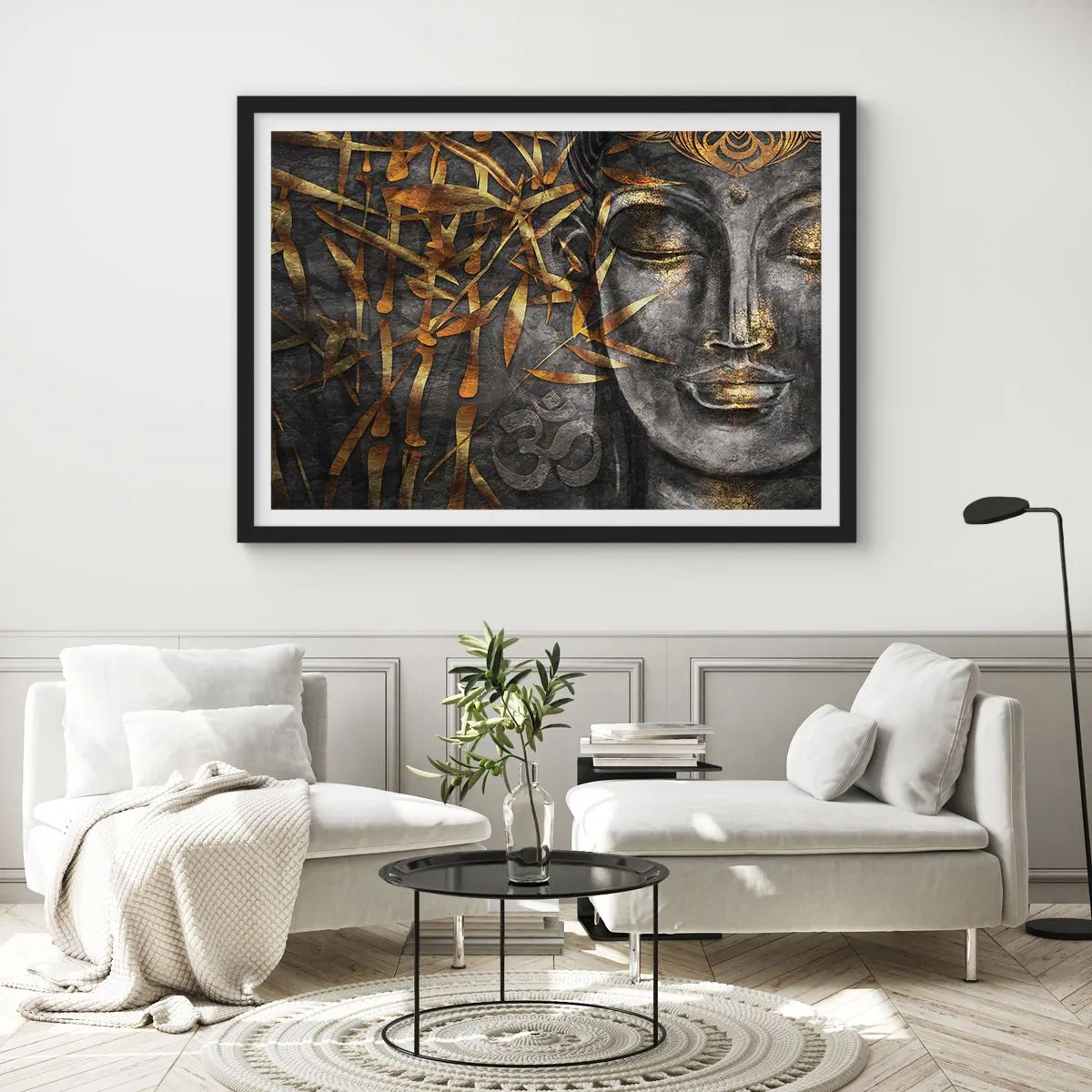 Poster in einem schwarzem Rahmen - Zen-Buddha-Bild mit goldenem Bambus - 100x70cm - Fühle den Frieden - Moderne Wanddekoration für Wohnzimmer und Schlafzimmer ARTTOR