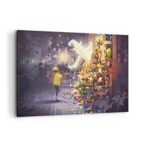 Bild auf Leinwand - Leinwandbild - Eine Märchenfigur und ein Kind auf einer Straße voller Lichter und Magie - 120x80cm - Magie ist da - Moderne Wanddekoration für Wohnzimmer und Schlafzimmer ARTTOR