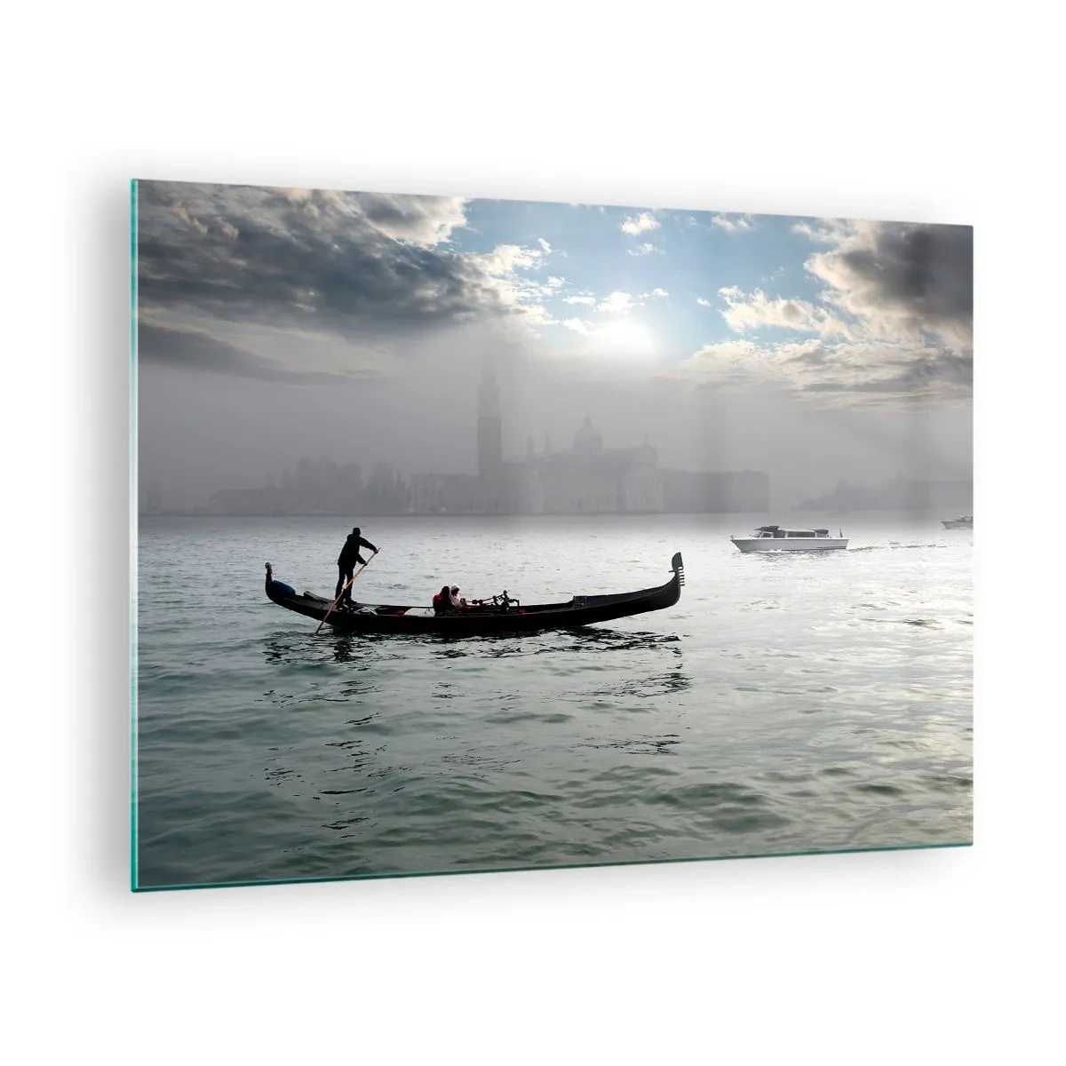 Glasbild - Bild auf glas - Gondel auf den Gewässern von Venedig an einem nebligen Morgen - 70x50cm - Eine fabelhafte Stadt aus Wasser und Nebel - Moderne Wanddekoration für Wohnzimmer und Schlafzimmer ARTTOR