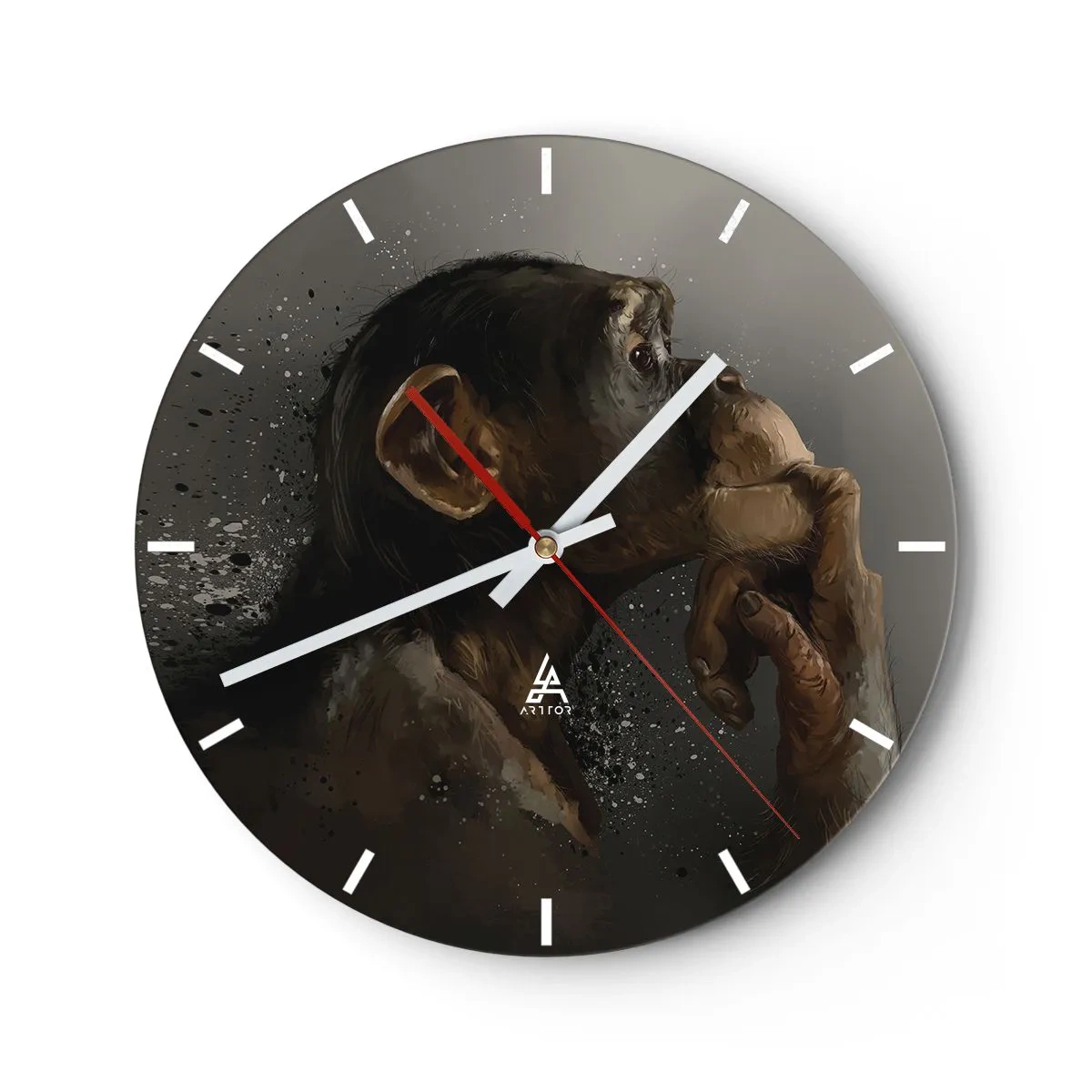 Wanduhr - Glasuhr - Ein nachdenklicher Schimpanse vor dunklem Hintergrund - 30x30cm - Sicherlich ein Denker - Moderne Wanddekoration für Wohnzimmer, Küche und Schlafzimmer ARTTOR