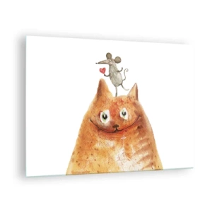 Glasbild - Bild auf glas - Eine Katze mit einer Maus auf dem Kopf im humorvollen Stil - 70x50cm - Paradoxien der Liebe - Moderne Wanddekoration für Wohnzimmer und Schlafzimmer ARTTOR