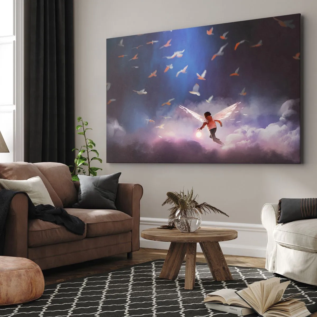 Bild auf Leinwand - Leinwandbild - Eine Figur mit Engelsflügeln, die zwischen Vögeln am Himmel schwebt - 70x50cm - Du brauchst Fantasie und Mut - Moderne Wanddekoration für Wohnzimmer und Schlafzimmer ARTTOR