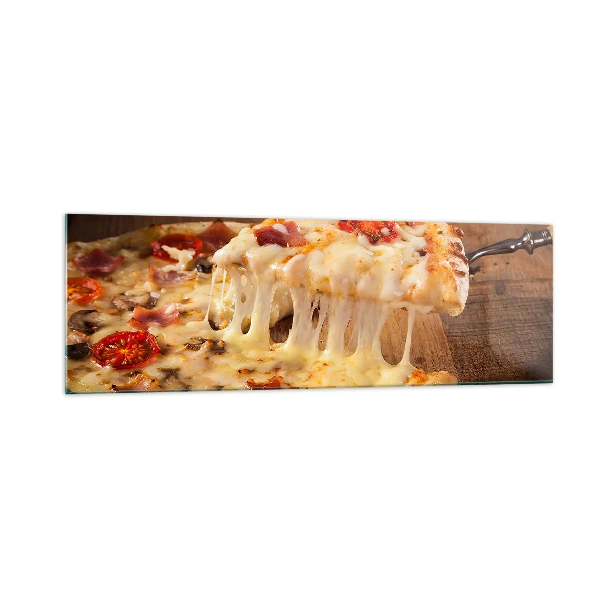 Glasbild - Bild auf glas - Pizza mit faserigem Käse - 160x50cm - Ein Meisterwerk der italienischen Kunst - Moderne Wanddekoration für Wohnzimmer und Schlafzimmer ARTTOR