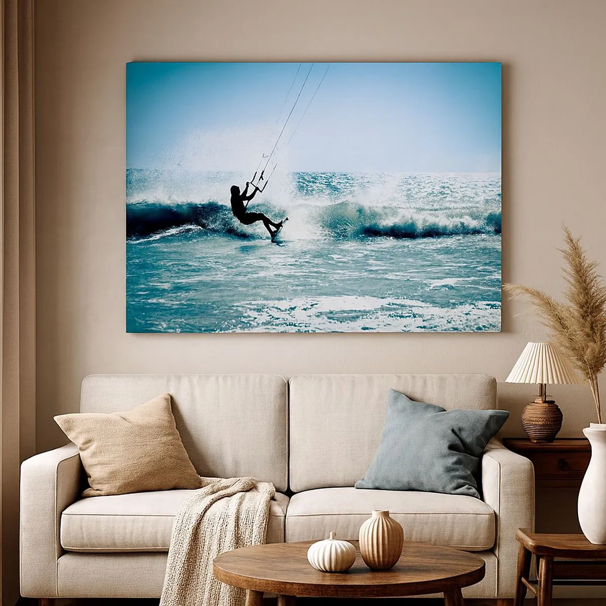 Bild auf Leinwand - Leinwandbild - Kitesurfer reitet eine Welle in der vollen Sonne - 70x50cm - Hinreißen lassen - Moderne Wanddekoration für Wohnzimmer und Schlafzimmer ARTTOR