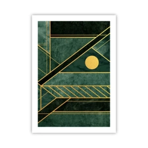 Poster - Geometrische Abstraktion in Grün mit goldenen Akzenten - 50x70cm - Dynamik von Gold und Azurblau - Moderne Wanddekoration für Wohnzimmer und Schlafzimmer ARTTOR