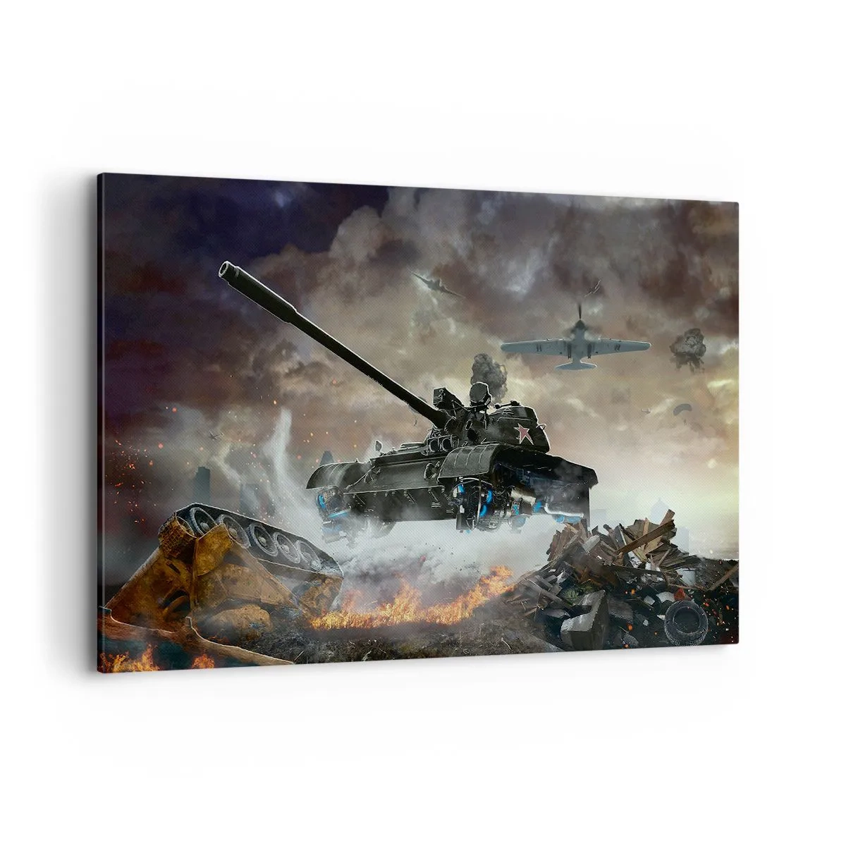 Bild auf Leinwand - Leinwandbild - Kampfszene mit Panzern und Flugzeugen im Hintergrund - 120x80cm - Der Kampf ist schrecklich und schön - Moderne Wanddekoration für Wohnzimmer und Schlafzimmer ARTTOR