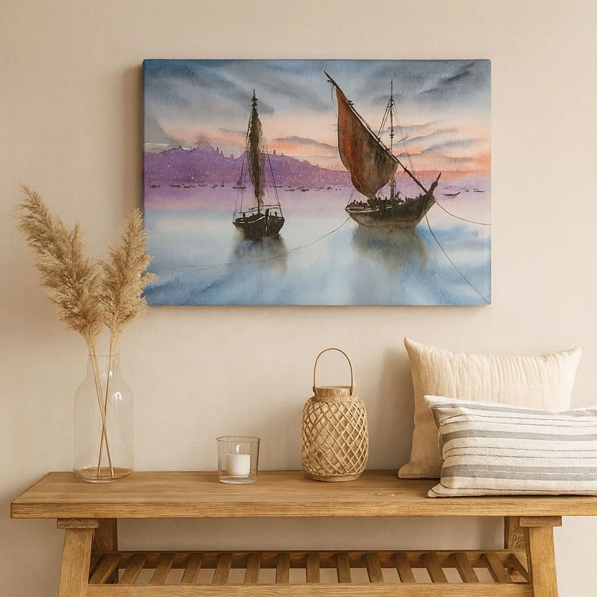 Bild auf Leinwand - Leinwandbild - Zwei Segelschiffe liegen in der Abenddämmerung auf ruhigem Wasser vor Anker - 70x50cm - Abend am Hafen - Moderne Wanddekoration für Wohnzimmer und Schlafzimmer ARTTOR