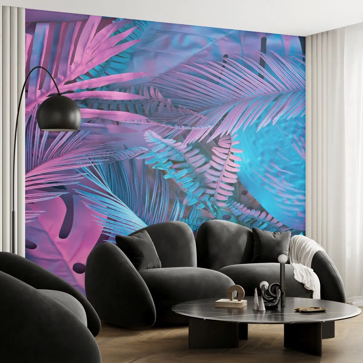 Fototapete Standard Eco - Tropen in Rosa und Blau - Abstraktion, Blätter, Tropische Pflanze - 350x256 cm