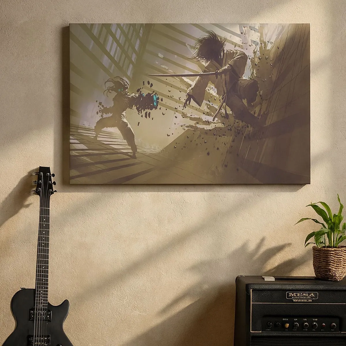Bild auf Leinwand - Leinwandbild - Dynamischer Kampf zwischen zwei Charakteren im futuristischen Stil - 70x50cm - Und du kannst ein Samurai sein - Moderne Wanddekoration für Wohnzimmer und Schlafzimmer ARTTOR