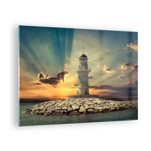 Glasbild - Bild auf glas - Ein Leuchtturm vor der Kulisse der untergehenden Sonne - 70x50cm - Licht - Gut - Schönheit - Moderne Wanddekoration für Wohnzimmer und Schlafzimmer ARTTOR