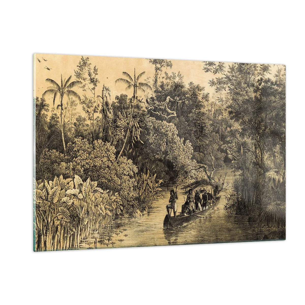Glasbild - Bild auf glas - Retro-Druck, der eine Reise durch den Dschungel darstellt - 120x80cm - Expedition zur Quelle - Moderne Wanddekoration für Wohnzimmer und Schlafzimmer ARTTOR