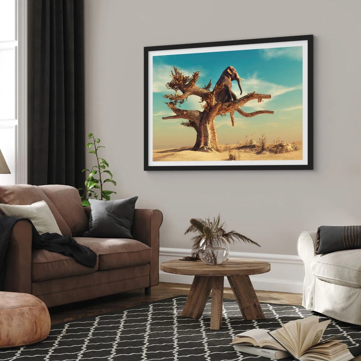 Poster in einem schwarzem Rahmen - Ein Elefant sitzt auf einem Baum in einer surrealen Landschaft - 100x70cm - Ein neuer Standpunkt - Moderne Wanddekoration für Wohnzimmer und Schlafzimmer ARTTOR
