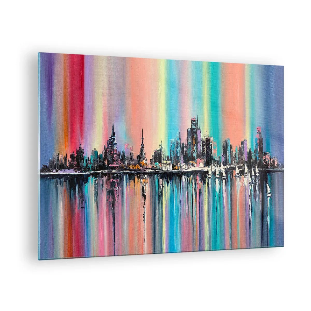 Glasbild - Bild auf glas - Abstraktes Stadtpanorama mit mehrfarbigem Hintergrund - 70x50cm - Um das Licht der Nacht herunterzufallen - Moderne Wanddekoration für Wohnzimmer und Schlafzimmer ARTTOR