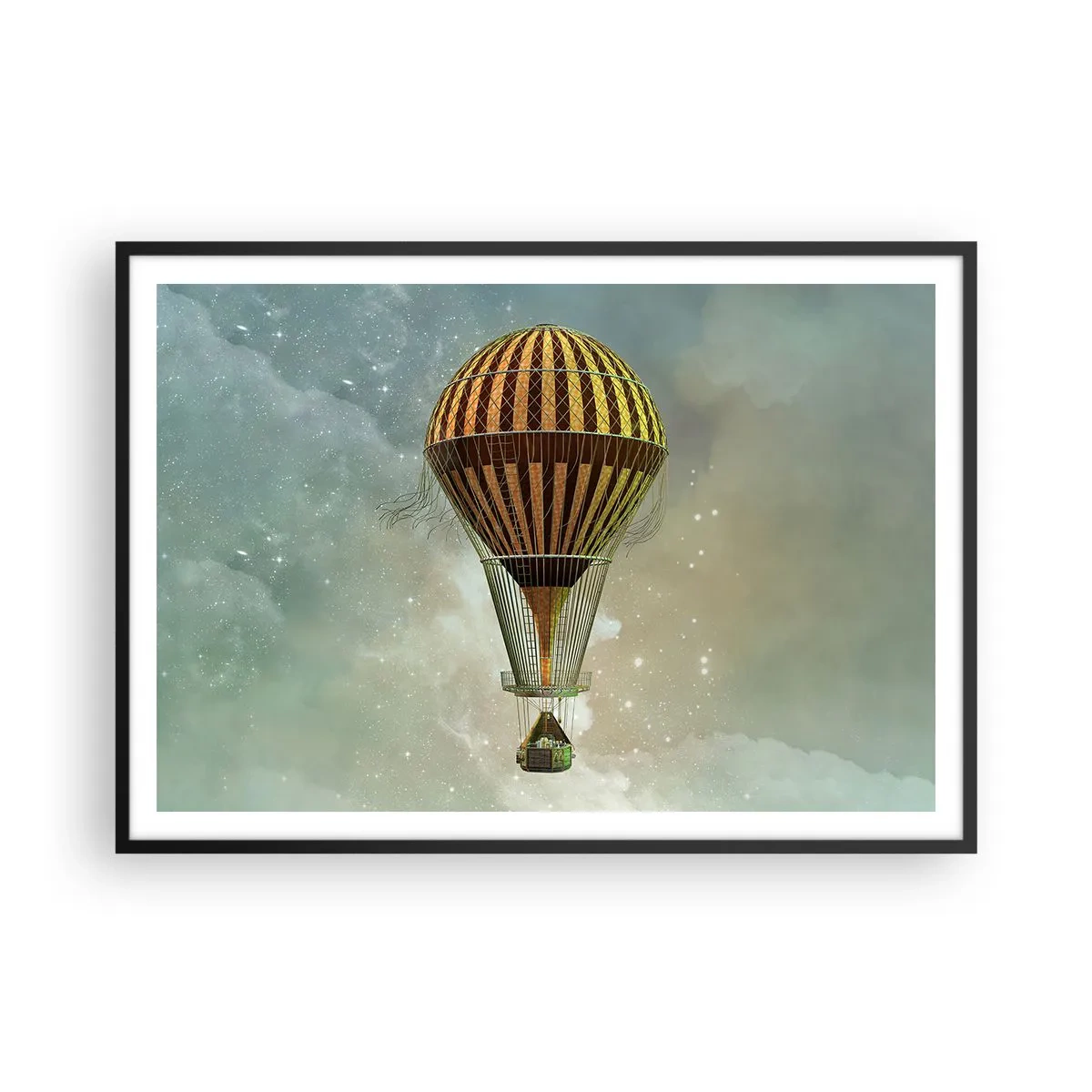 Poster in einem schwarzem Rahmen - Ein Heißluftballon, der zwischen den Wolken schwebt - 100x70cm - Pionierflüge - Moderne Wanddekoration für Wohnzimmer und Schlafzimmer ARTTOR