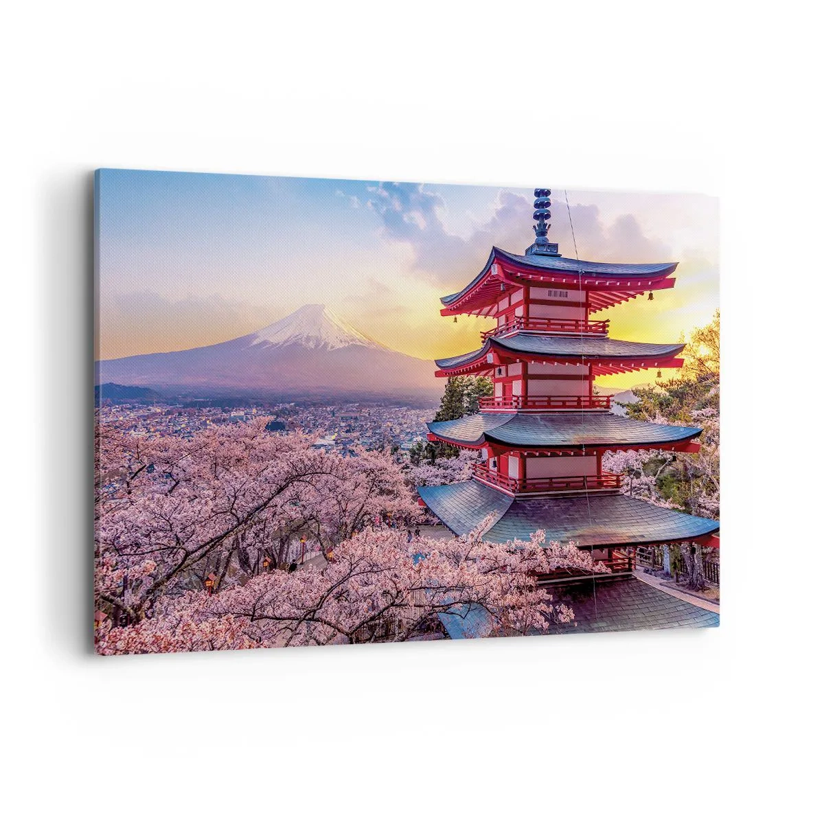 Bild auf Leinwand - Leinwandbild - Eine Pagode in Japan mit Kirschblüten und dem Berg Fuji - 120x80cm - Die Essenz des japanischen Geistes - Moderne Wanddekoration für Wohnzimmer und Schlafzimmer ARTTOR
