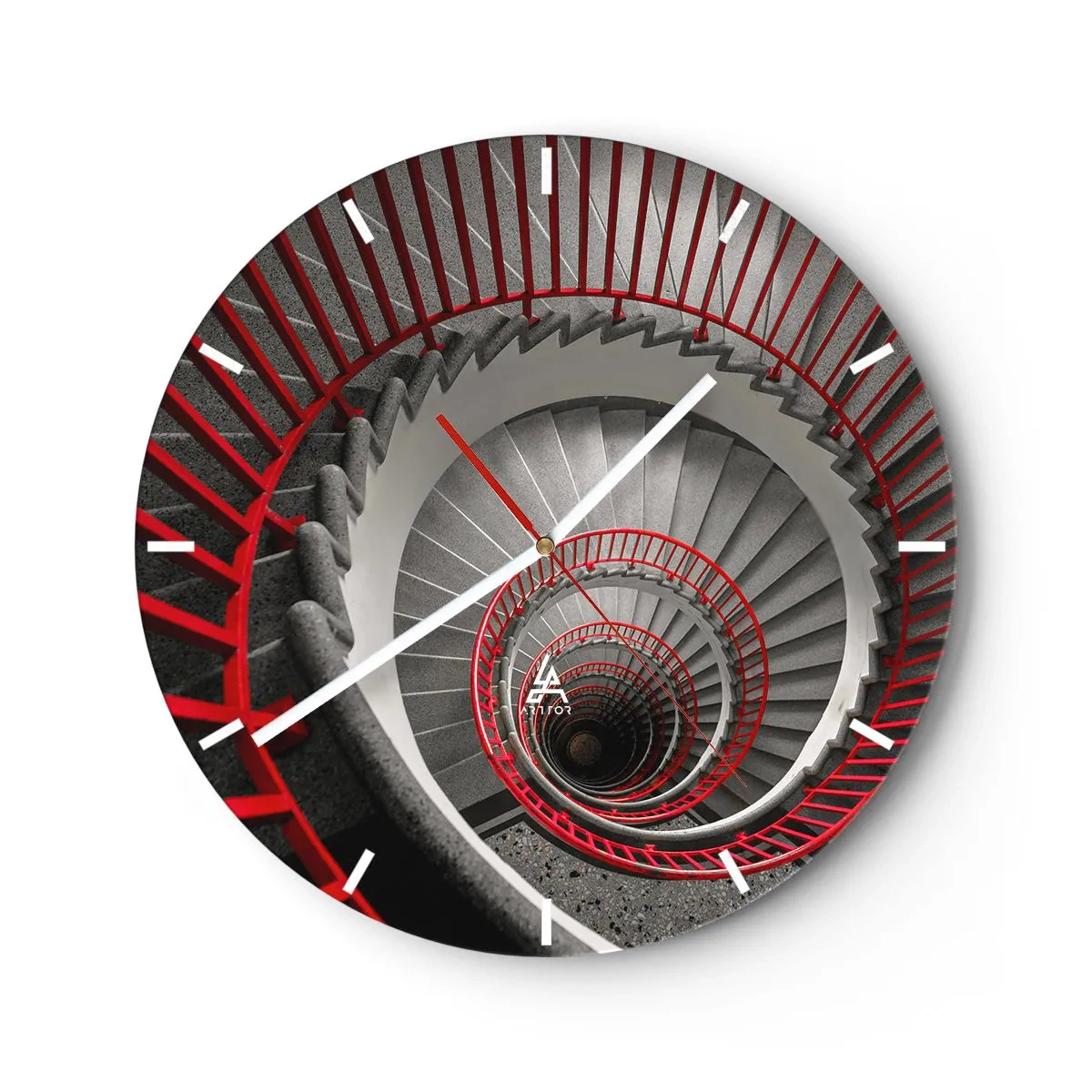 Wanduhr - Glasuhr - Perspektive der Wendeltreppe mit roten Handläufen - 30x30cm - Architekturspaß - Moderne Wanddekoration für Wohnzimmer, Küche und Schlafzimmer ARTTOR