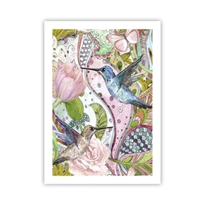 Poster - Bunte Kolibris vor einem Hintergrund aus Blumen und Mustern - 50x70cm - Verstrickt in Weinreben - Moderne Wanddekoration für Wohnzimmer und Schlafzimmer ARTTOR