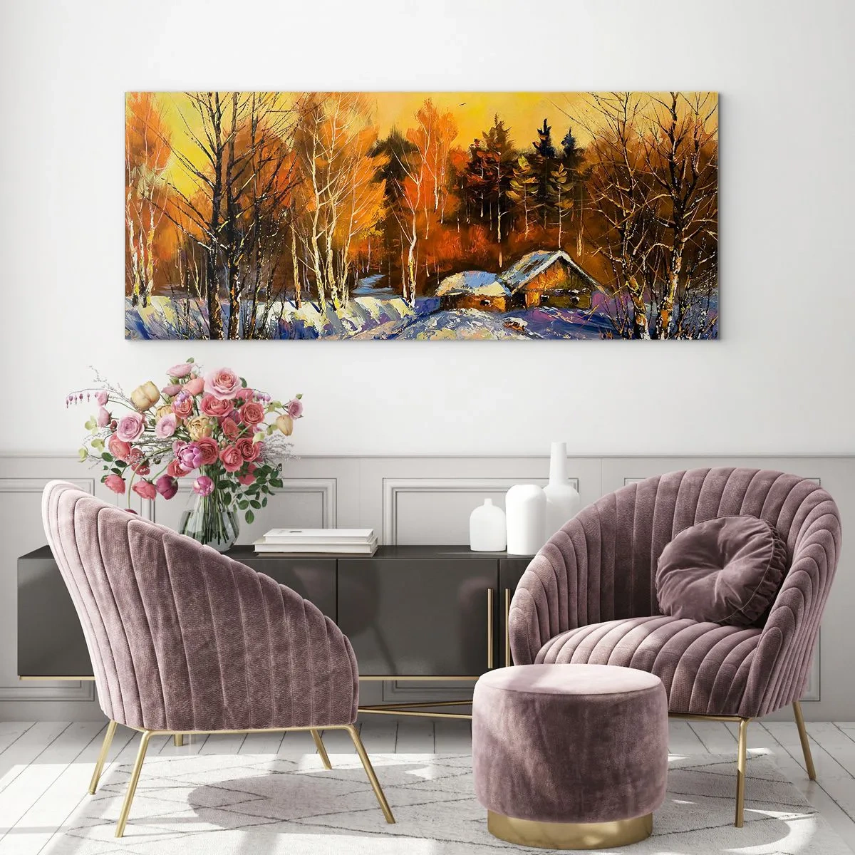 Glasbild - Bild auf glas - Winterlandschaft mit einem Haus im Licht der untergehenden Sonne - 140x50cm - Wintereindruck in der Sonne - Moderne Wanddekoration für Wohnzimmer und Schlafzimmer ARTTOR
