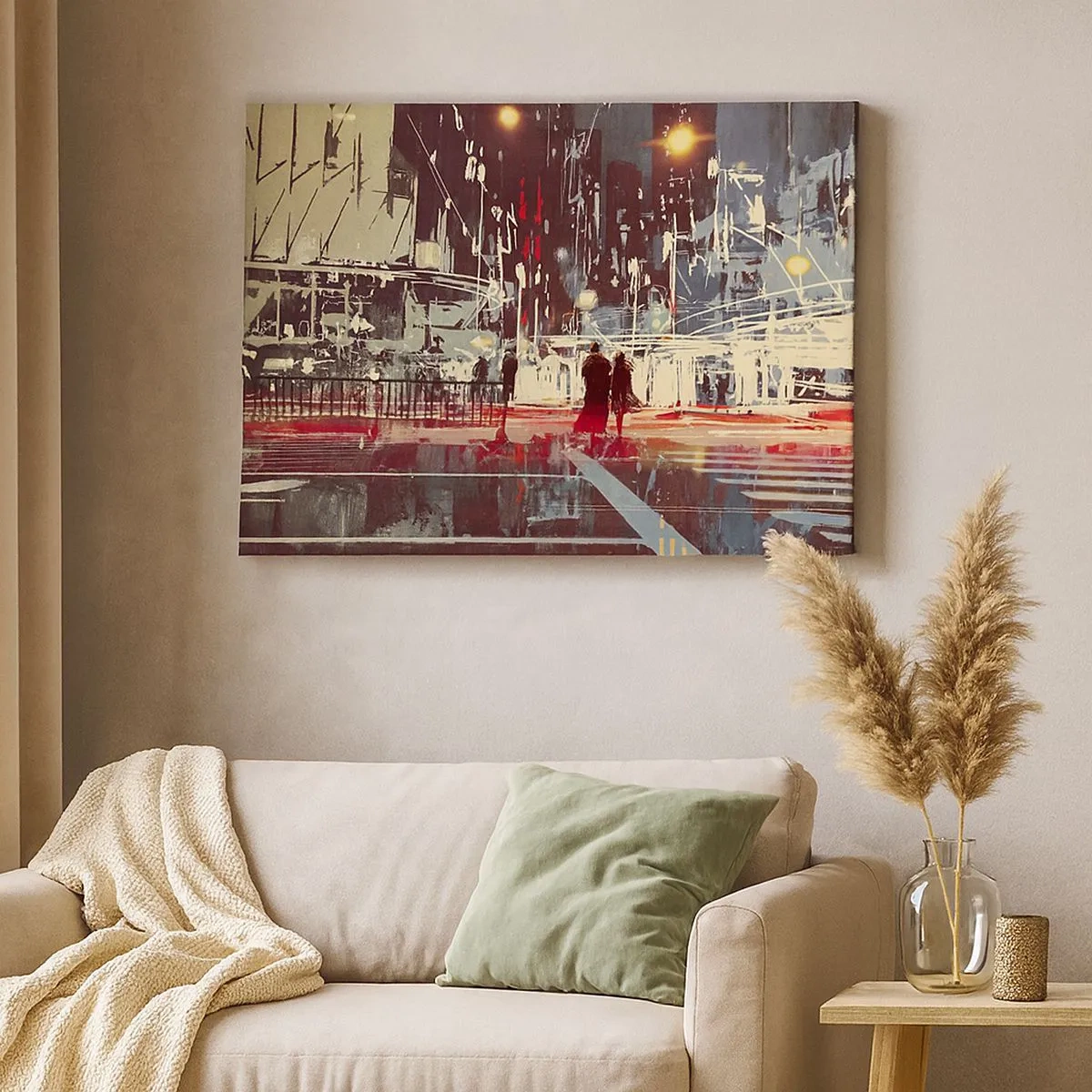 Bild auf Leinwand - Leinwandbild - Stadt bei Nacht mit Neonlichtern und Silhouetten von Menschen auf der Straße - 70x50cm - Eine große Stadtüberquerung - Moderne Wanddekoration für Wohnzimmer und Schlafzimmer ARTTOR
