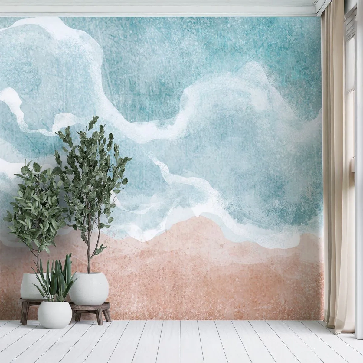 Fototapete Premium Canvas - Abstrakter Strand mit Wellen in Blau- und Beigetönen - 100x70cm - Cloud-Abstraktion - Moderne Wanddekoration für Wohnzimmer und Schlafzimmer ARTTOR