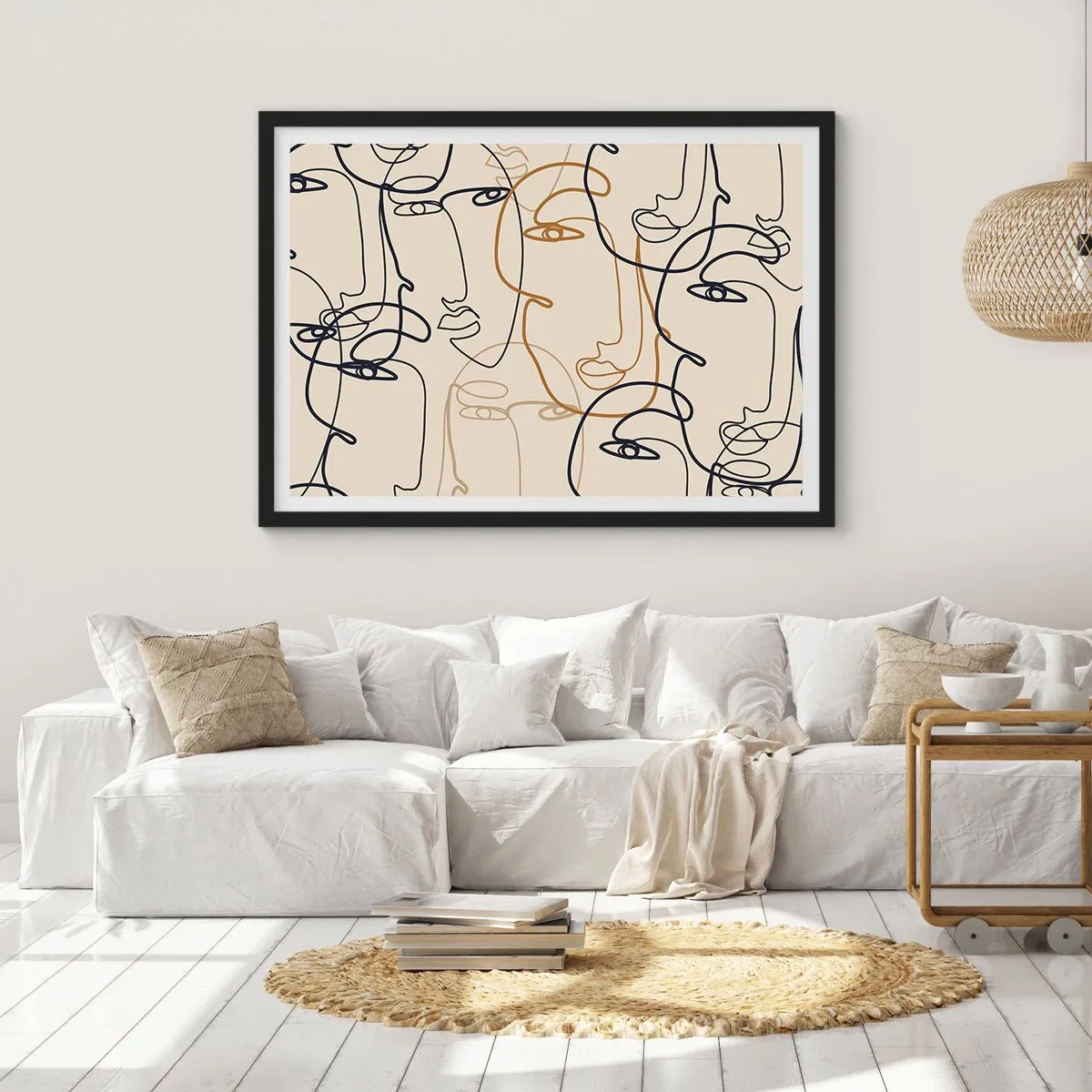 Poster in einem schwarzem Rahmen - Minimalistische Strichzeichnungen von Gesichtern auf hellem Hintergrund - 70x50cm - Das Porträt wird multipliziert - Moderne Wanddekoration für Wohnzimmer und Schlafzimmer ARTTOR
