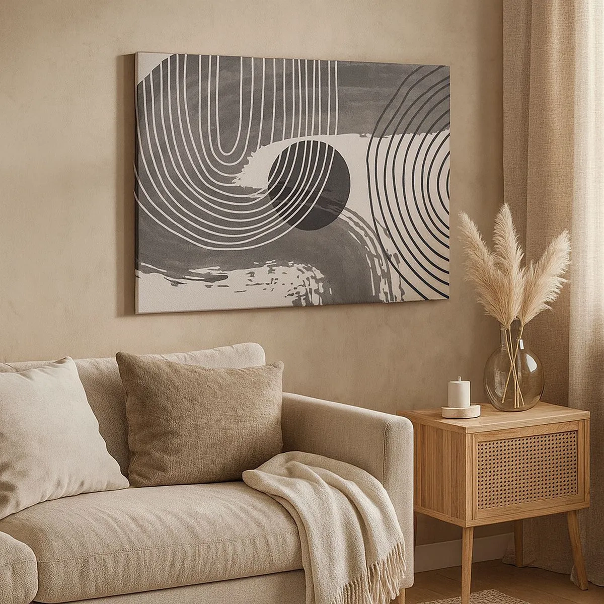 Bild auf Leinwand - Leinwandbild - Geometrische Linien und Ovale in monochromen Farbtönen - 70x50cm - Oval gewinnt - Moderne Wanddekoration für Wohnzimmer und Schlafzimmer ARTTOR